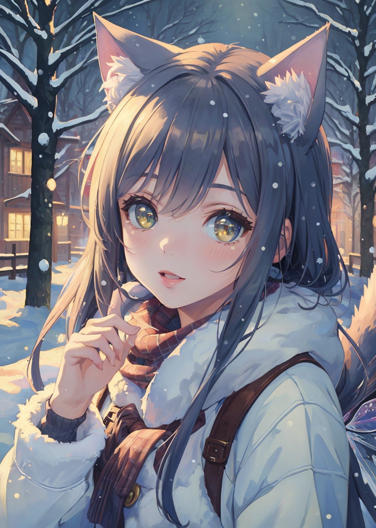 masterpiece, best quality, ultra detailed,8k, 4k, intricate,highly detailed,detailed face,(extremely detailed fine touch:1.2),BREAK(illustration, 8k CG, extremely detailed),(whimsical),catgirl,teenage girl,playing in the snow,winter wonderland,snow-covered trees,soft pastel colors,gentle lighting,sparkling snow,joyful,magical atmosphere,highly detailed,fluffy cat ears and tail,intricate winter clothing,shallow depth of field,watercolor techniques,close-up shot,slightly tilted angle,fairy tale architecture,nostalgic,playful,winter magic,(masterpiece:2),best quality,ultra highres,original,extremely detailed,perfect lighting,