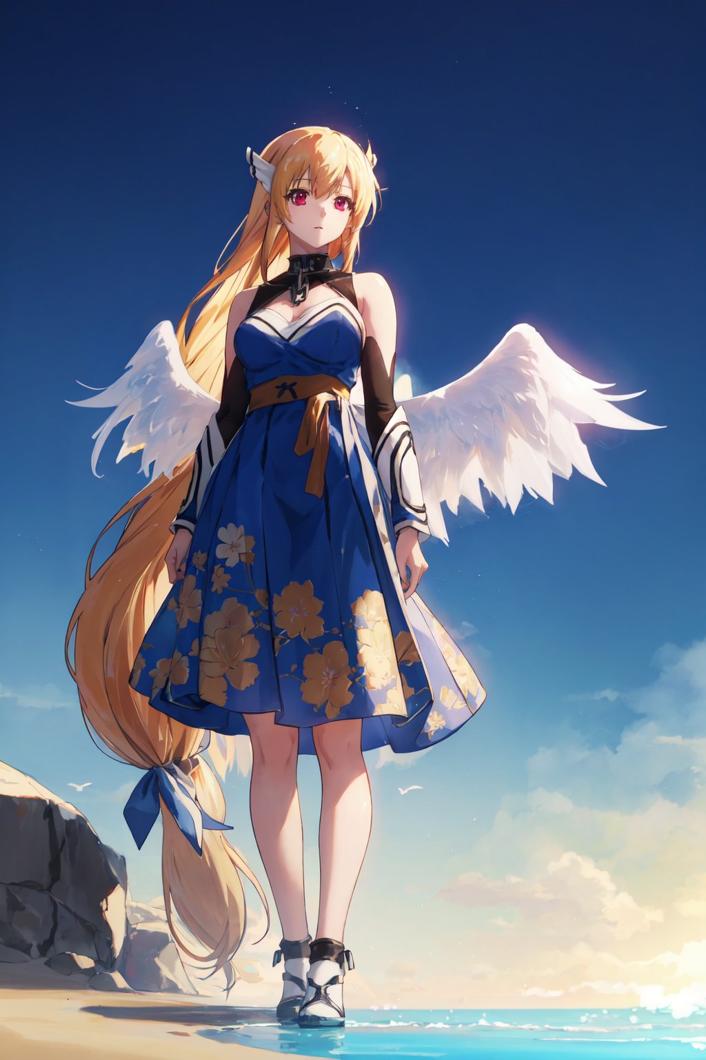 <lora:Astraea-000009:0.8>,Astraea CYQL,1girl,looking at viewer,solo,blonde hair,long hair,very long hair,low-tied long hair,red eyes,collar,chain,breasts,wings,angel wings,head wings,Romantic and feminine floral print dress with a wrap-style silhouette and ruffled hem,seductive_smile,bust,Amidst the boundless expanse of sand, a verdant oasis stands like a mirage, where clear pools are shaded by date palms,beautiful detailed sky,beautiful detailed glow,posing in front of a colorful and dynamic background,masterpiece,best quality,beautiful and aesthetic,contrapposto,female focus,wallpaper,