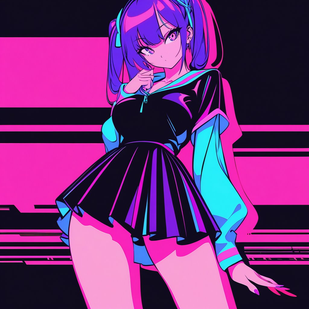 Synthwave, best quality, fmuc, 1girl, solo, looking at viewer, cowboy shot, <lora:MuchinXL32V1.1tx1-000014:1>, vectorized, synthwave, purple blue red orange, bright neon colors on a dark background