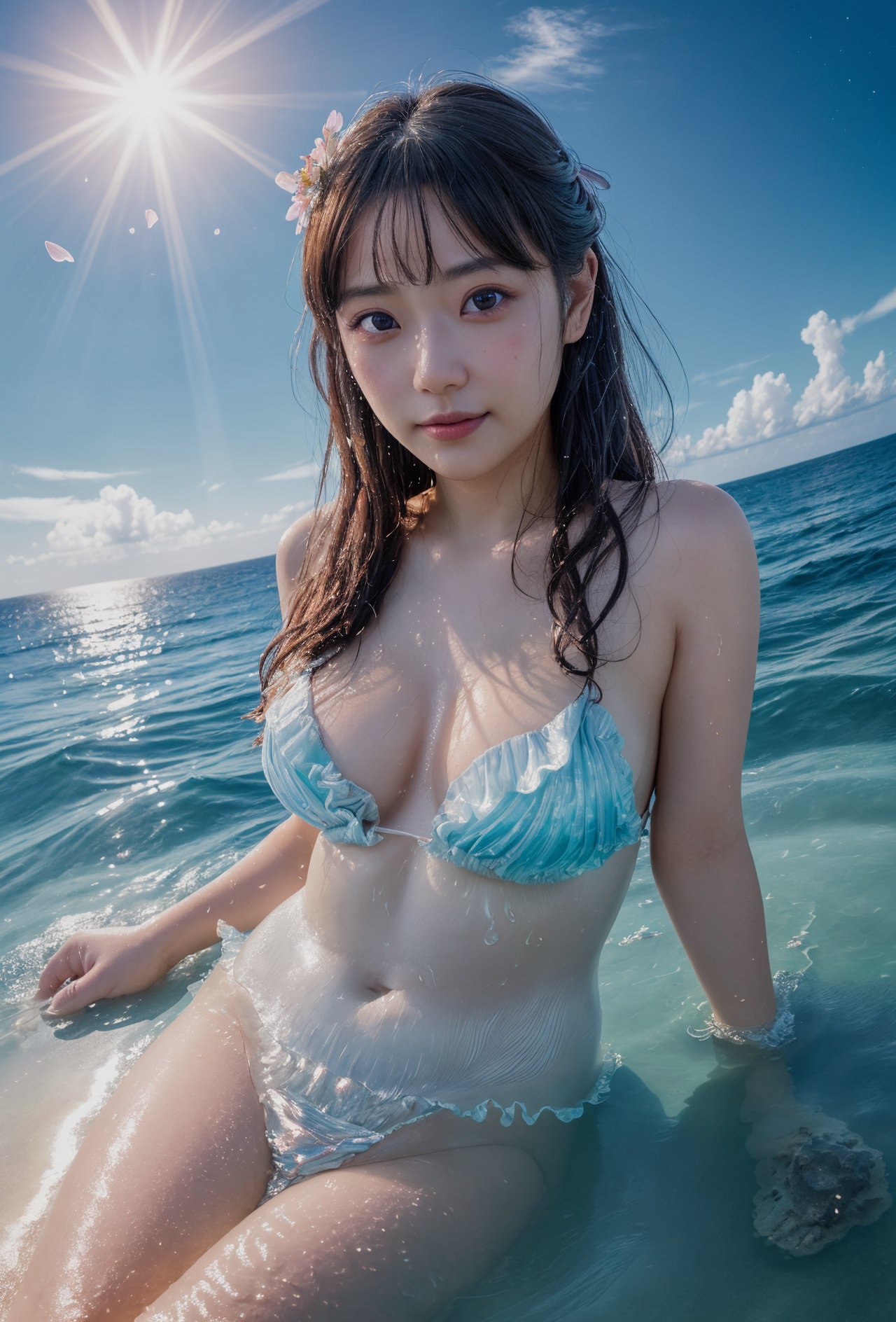 masterpieces, best quality, 1girl, upper body, sea beach, glow effect, detailed background, beautiful detailed water:1.05, beautiful detailed sky:1.05, beautiful detailed sea:1.05, detailed light, extremely delicate and beautiful girl, blue bubble, splash, wet body, fluttered detailed splashes, draped of fluttered fabric, fluttered detailed cloud, intricate detail:1.1025, highres:1.05, young girl:1.1025, floating hair:1.05, flowers:1.05, sunlight, charming smile, surrounded by floating petal:1.1025, glossy, raytracing, depth of field, detailed waves, reflective, crystalized, lens flare, looking at viewer, medium breasts, blushing, slim, medium buttock, detailed realistic shadow, sheen, shiny eyes, (fisheye lens)