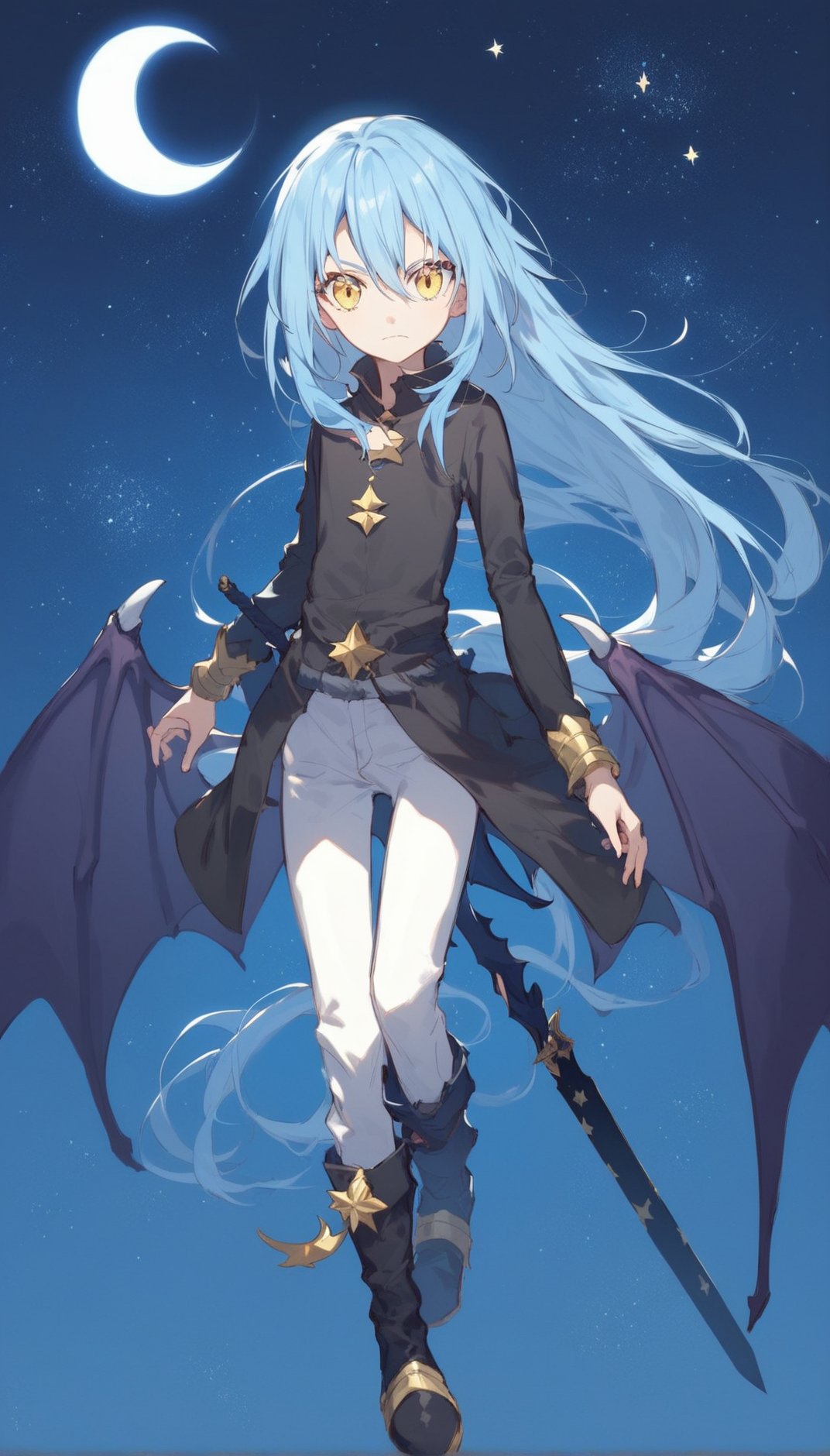 score_9, score_8_up, score_7_up, score_6_up, tsepmet_urumir_xl, rimuru tempest, tensei shitara slime datta ken,moon, rating:safe, full moon, night, star \(sky\), starry sky, night sky, bat wings, long hair, moonlight, blue hair, sky, rimuru tempest, very long hair, wings, boots, shooting star, planet, long sleeves, pants, sword, hair between eyes, weapon, knee boots, solo, space, closed mouth, white pants, yellow eyes, looking at viewer, androgynous, bangs, crescent moon, shiny hair, fantasy, (ultra HD quality details),<lora:Rimuru_Tempest_XL_Pony:1>