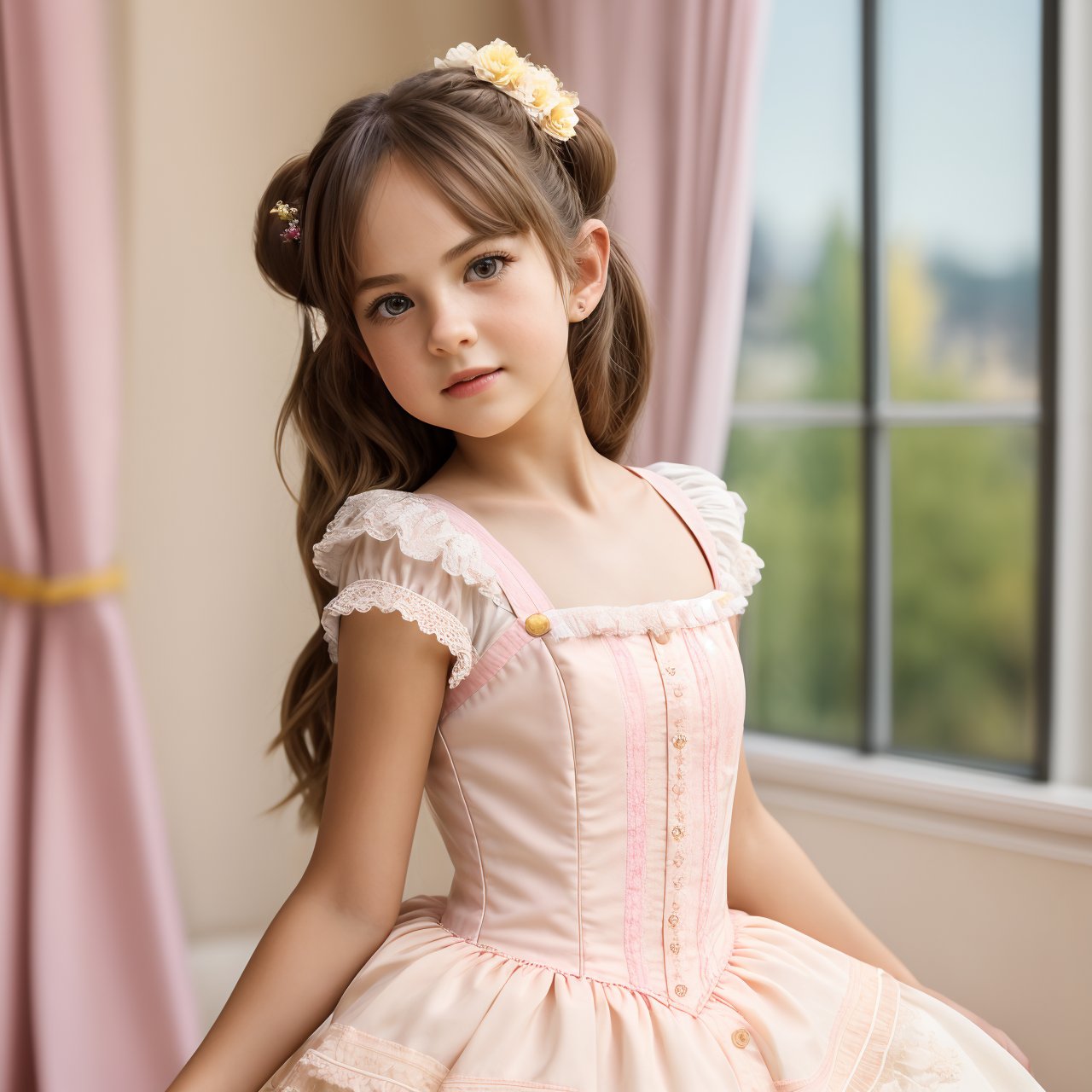 SFW, (masterpiece:1.3), best quality, extra resolution, view from below, profile of self-assurance (AIDA_LoRA_BelK:1.28) <lora:AIDA_LoRA_BelK:0.77> standing next to the yellow drape, little girl, pretty face, beautiful child, corset, flower in her hair, naughty, funny, happy, playful, intimate, flirting, cinematic, studio photo, kkw-ph1, hdr, f1.5