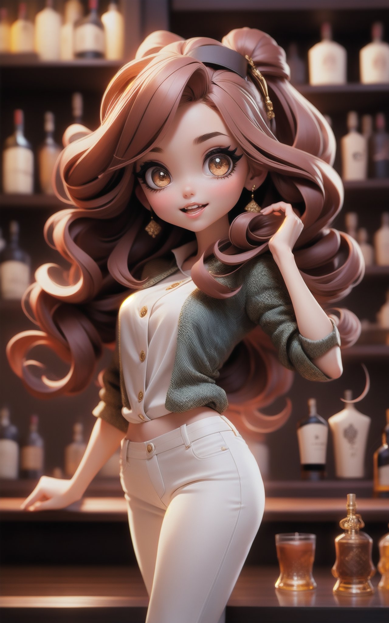 1girl,Long Wavy Blowout Hairstyle,A chic, contemporary whiskey bar, filled with a variety of fine whiskeys and a relaxed, sophisticated atmosphere,Eyelet blouse and capri pants,Pleased facial expression,dynamic attitude,