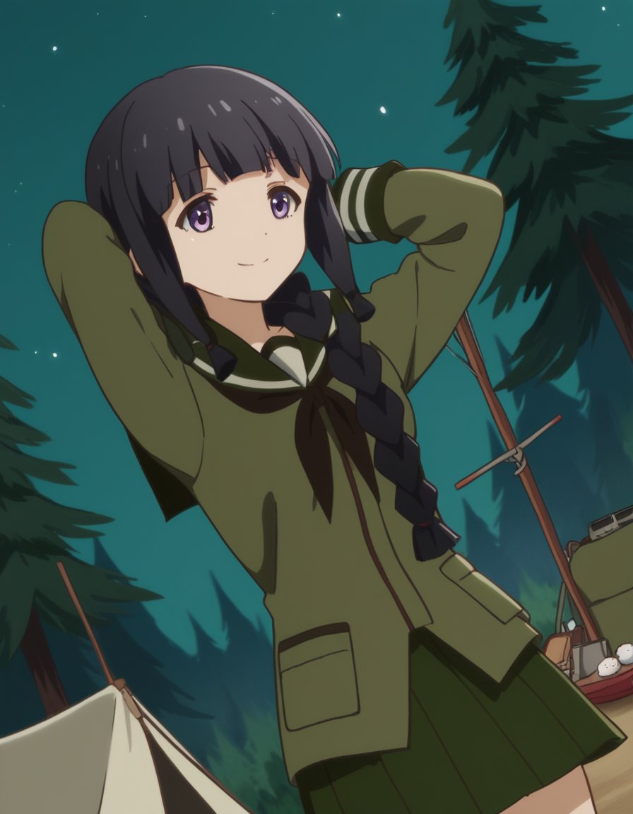 score_9, score_8_up, score_7_up, source_anime, <lora:kancolle-kitakami-s1-ponyxl-lora-nochekaiser:1>, kitakami, long hair, bangs, black hair, purple eyes, braid, blunt bangs, single braid, hair over shoulder, kitakami (kancolle), skirt, school uniform, serafuku, green skirt, pleated skirt, green shirt, green sailor collar, camping, bonfire, tent, stargazing, marshmallows, forest clearing, night, , , hands behind head, smile,, solo,, cowboy shot, dutch angle