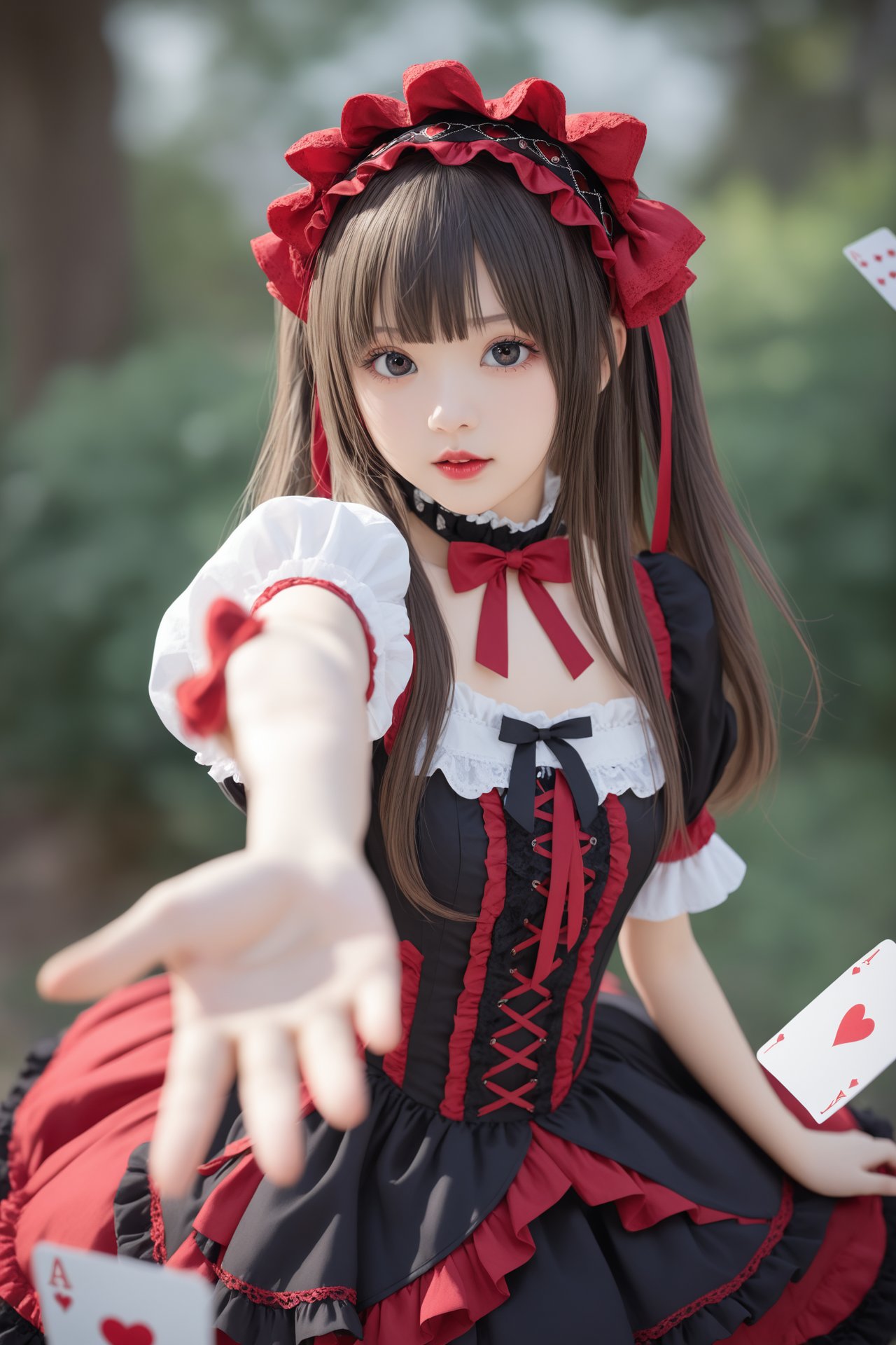 masterpiece, best quality, realistic,loli,1girl, card, playing card, solo, blurry, long hair, looking at viewer, black hair, blurry foreground, depth of field, heart, ace (playing card), brown hair, gothic lolita, hairband, black eyes, reaching, lolita fashion, red lips, outstretched arm, lolita hairband, foreshortening