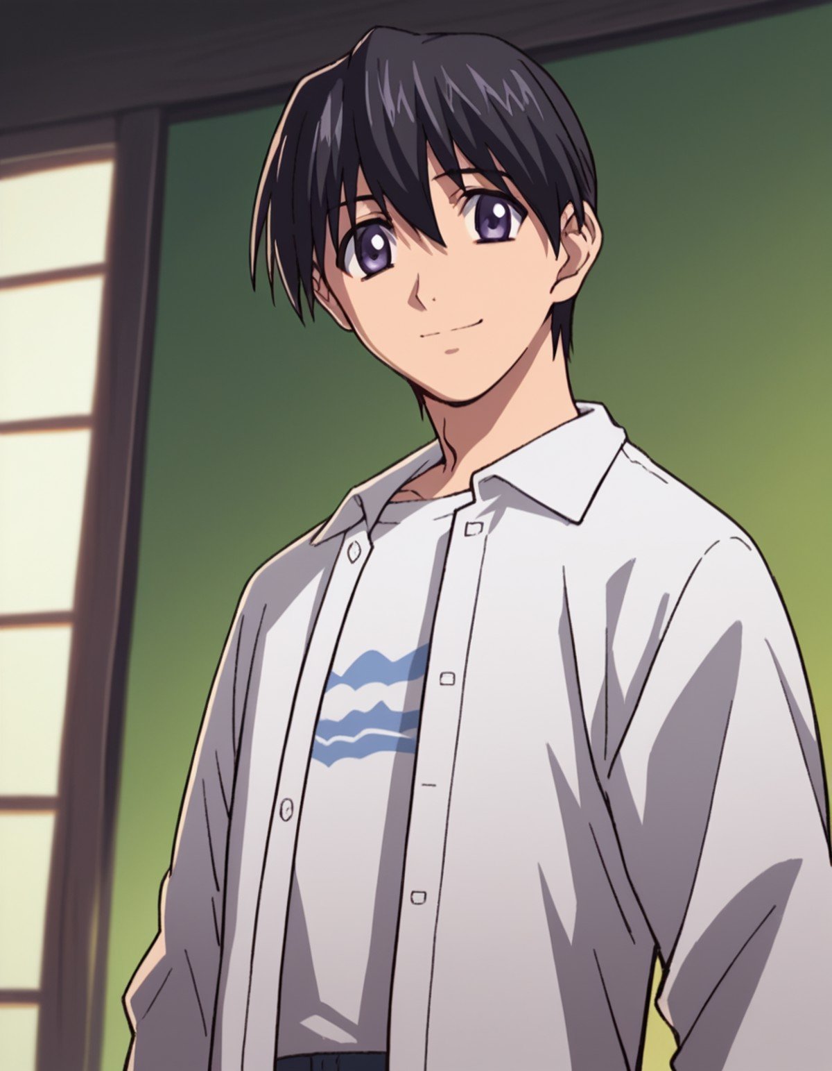 score_9, score_8_up, score_7_up, source_anime,elfenliedkouta, <lora:elfen-lied-kouta-s1-ponyxl-lora-nochekaiser:1>,kouta, purple eyes, black hair, male focus,shirt, long sleeves, white shirt, short sleeves, open clothes, pants,indoors, smile,cowboy shot, looking at viewer, solo, dutch angle,