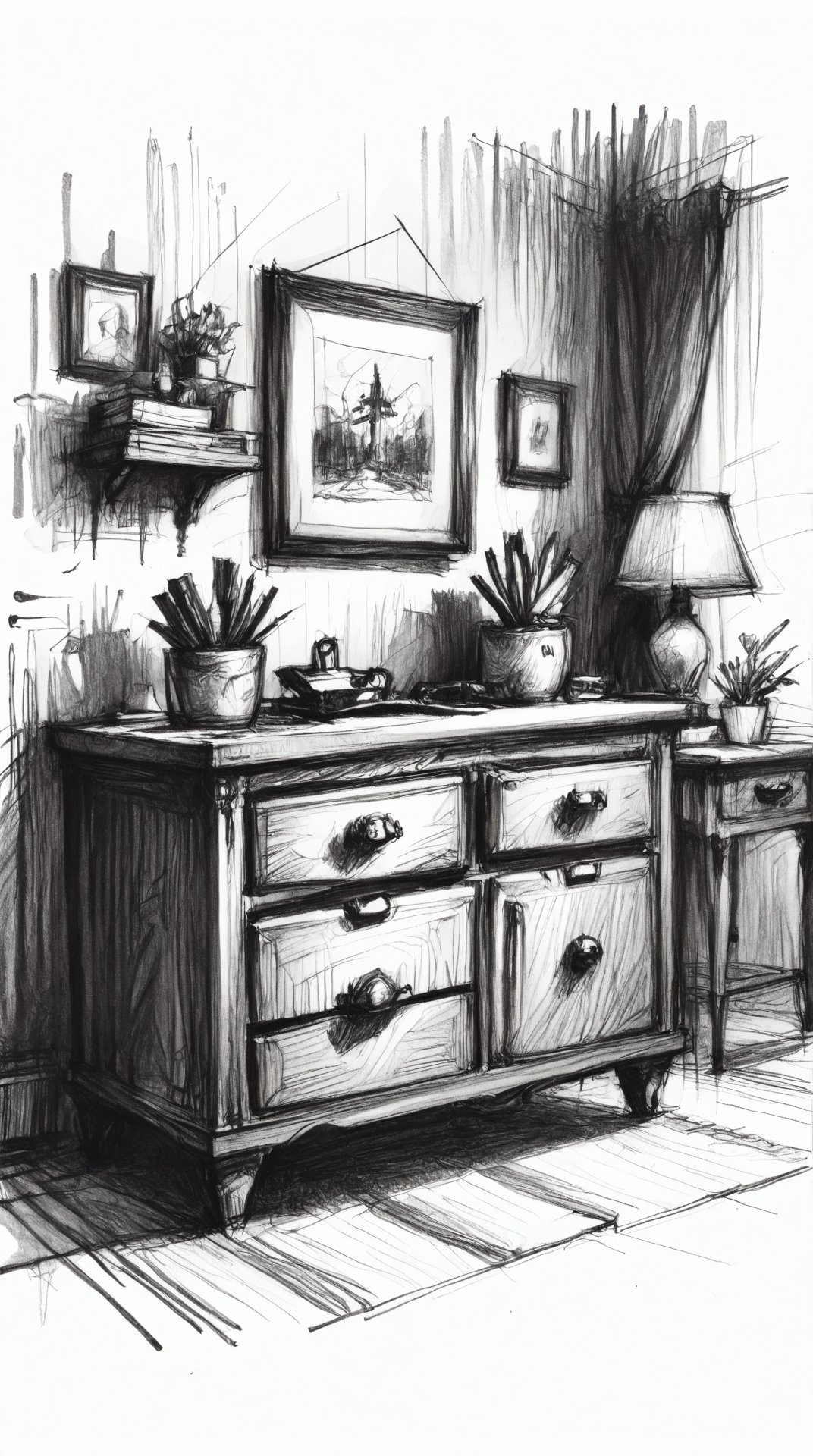 monochrome, charcoal sketch, greyscale sketch cross-hatching dresser