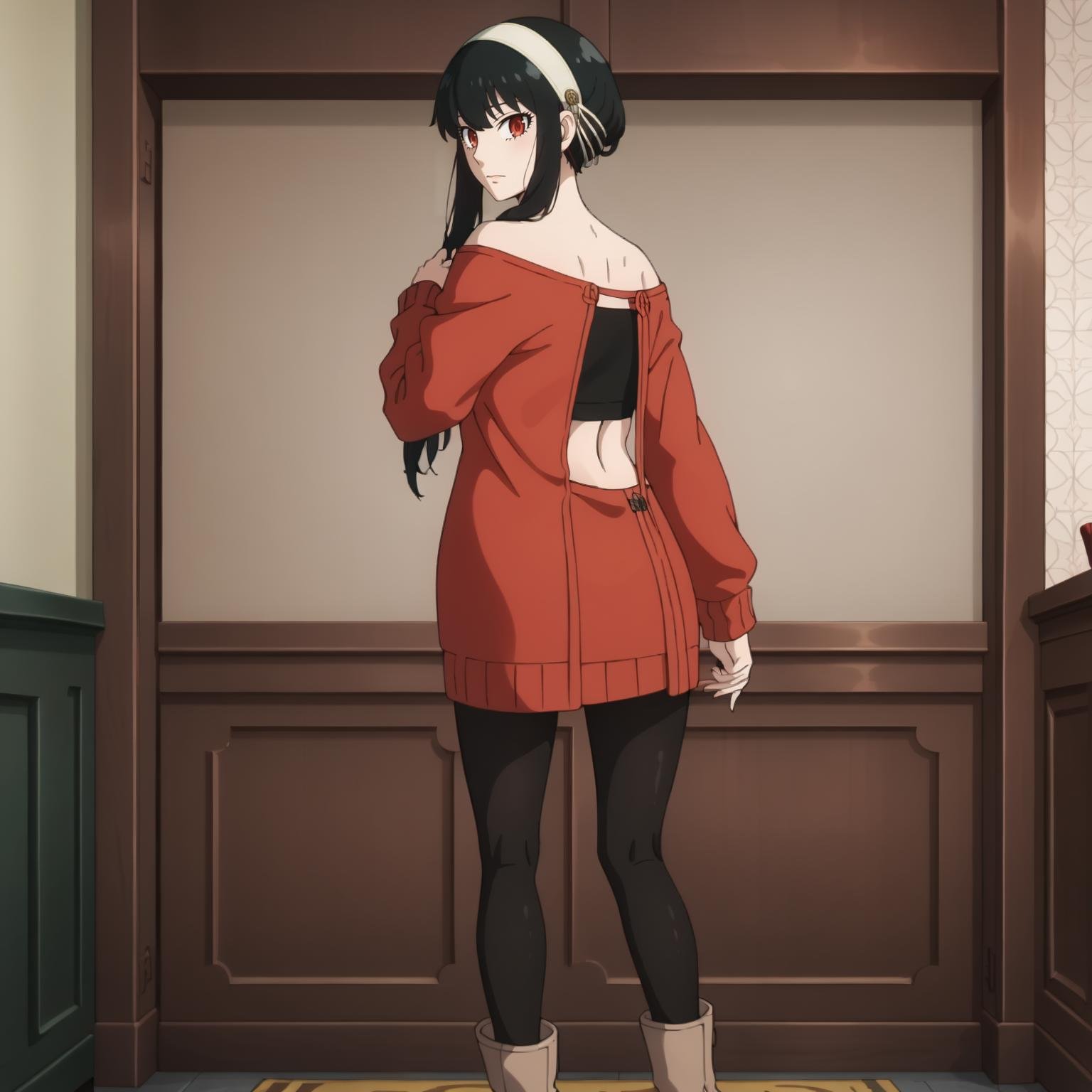 <lora:YorForgerXLpony004>,looking at viewer,solo,YorForger,1girl,black hair,red eyes,short hair with long locks,white hairband,off shoulder,red sweater,black pantyhose,boots,standing,looking back,backless outfit,black tube top,sweater skirt,