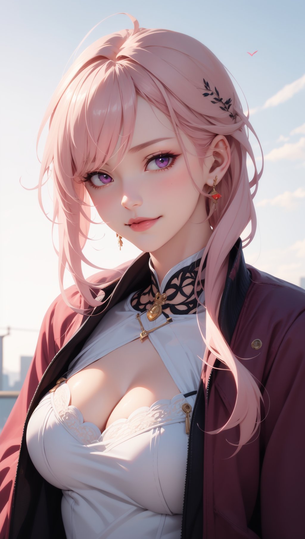 (masterpiece, best quality), intricate details, thin, ((slim)), beautiful girl, Light pink hair, white skin, light purple eyes, sharp jawline, cropped jacket, messy hair, lips, upper body, close up, smirk, suburban scenery