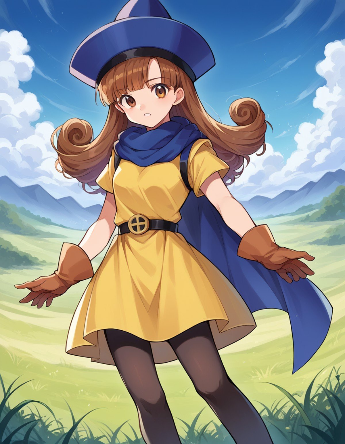 score_9, score_8_up, score_7_up, source_anime,dqalena, <lora:dq-alena-ponyxl-lora-nochekaiser:1>,alena, brown eyes, brown hair, curly hair, long hair,cape, dress, gloves, hat, pantyhose, yellow dress, scarf, short sleeves,outdoors, plains, grass,looking at viewer, dutch angle, cowboy shot,