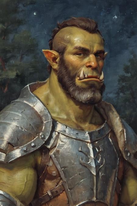 score_9, score_8_up, score_7_up, painting (medium), traditional media, realistic, solo, male focus, mature male, orc, green skin, tusks, beard, outdoors, armor, looking at viewer, shoulder armor, breastplate, upper body, closed mouth, pauldrons, night, night sky, standing <lora:Oil Painting Style XL:0.5> <lora:Gothic Art  Style SDXL_LoRA_Pony Diffusion V6 XL:0.5>