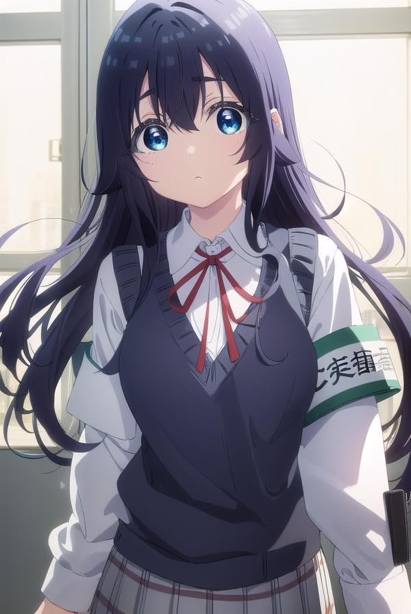 shizukayoshimoto, <lora:shizuka yoshimoto s1-lora-nochekaiser:1>,shizuka yoshimoto, long hair, bangs, blue eyes, black hair, hair between eyes, wavy hair,BREAK skirt, shirt, ribbon, school uniform, white shirt, pleated skirt, red ribbon, neck ribbon, armband, sweater vest,BREAK indoors, classroom,BREAK looking at viewer, (cowboy shot:1.5),BREAK <lyco:GoodHands-beta2:1>, (masterpiece:1.2), best quality, high resolution, unity 8k wallpaper, (illustration:0.8), (beautiful detailed eyes:1.6), extremely detailed face, perfect lighting, extremely detailed CG, (perfect hands, perfect anatomy),