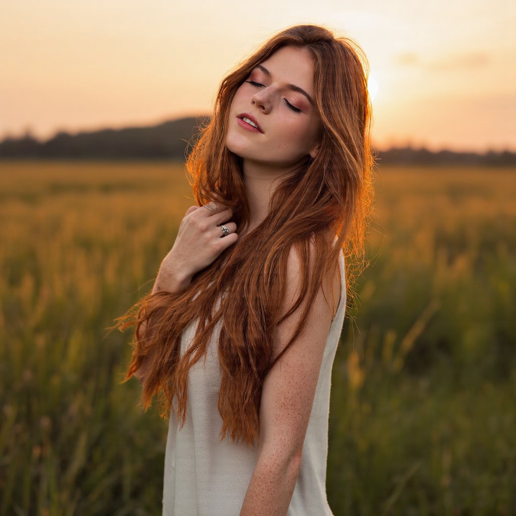 A portrait of rose_leslie captured in a moment of serenity during sunset. She stands in a field of tall grass, her long, wavy hair cascading down her back. The setting sun casts a warm, golden light over the scene, illuminating the woman's face and the surrounding landscape. She wears a white sleeveless dress and a silver ring on her finger. The woman's pose is contemplative, her eyes closed, and her hand gently touching her cheek. The image conveys a sense of tranquility and introspection.