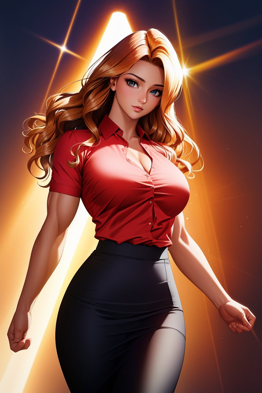 vivid hair, pencil skirt, blouse, light rays, god rays, muscular, realistic, breasts