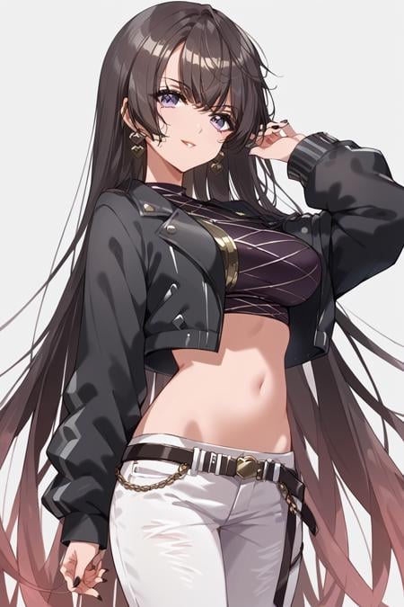 score_9, score_8_up, score_7_up, score_6_up, 1girl, <lora:Himegami_Shano:0.9> himegami, solo, navel, long hair, pants, jewelry, jacket, midriff, earrings, breasts, black jacket, belt, very long hair, looking at viewer, crop top, stadef