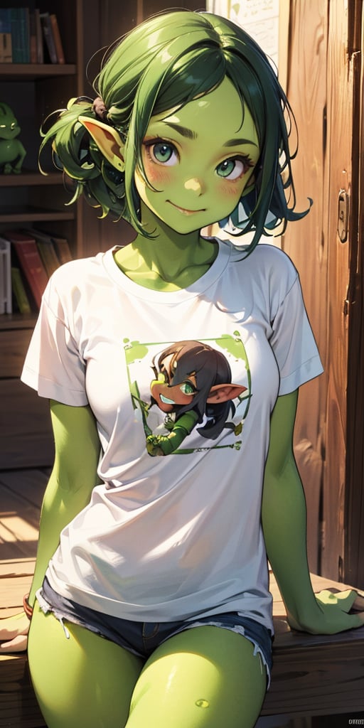 1 goblin (female), medium breasts, T-shirt, green skin, delicate face, cheerful,