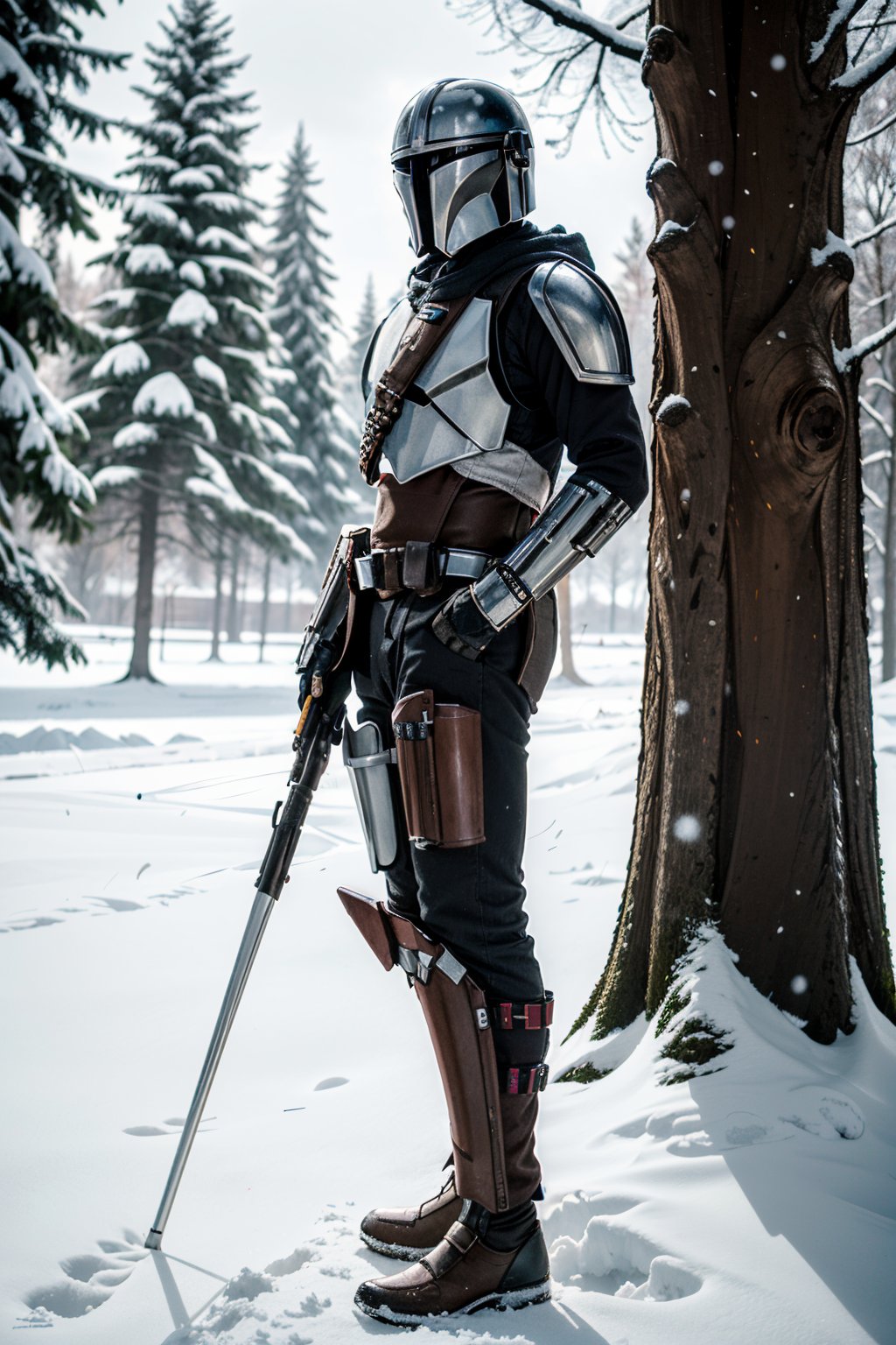 ((ultra detailed, masterpiece, absurdres)) <lora:StarWMandalorian:0.9>StarWMandalorian, 1boy, no face, helmet, Magical Winter Wonderland with Snow-Covered Trees