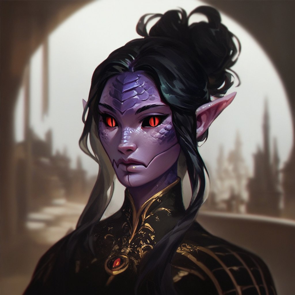 (((beautiful, high quality))), portrait, score_9, score_8_up, score_7_up, Yuan-ti, black sclera, slit pupils, scales, pointed ears, 1girl, red eyes, purple skin, purple scales, long black hair, black dress, fantasy background, blurred background