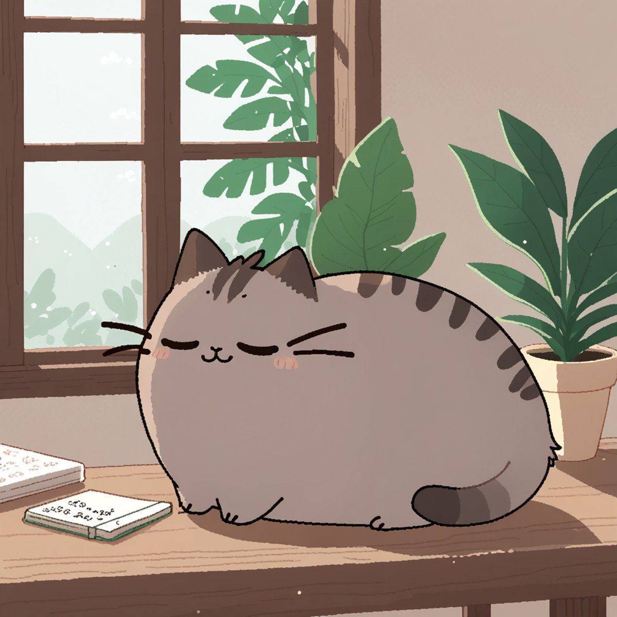 (by Wonderslug, by Youjomodoki:1.2), chibi feral (pusheen:1.3), fluffy, side view, three-quarter portrait, table, window, plant, stationery