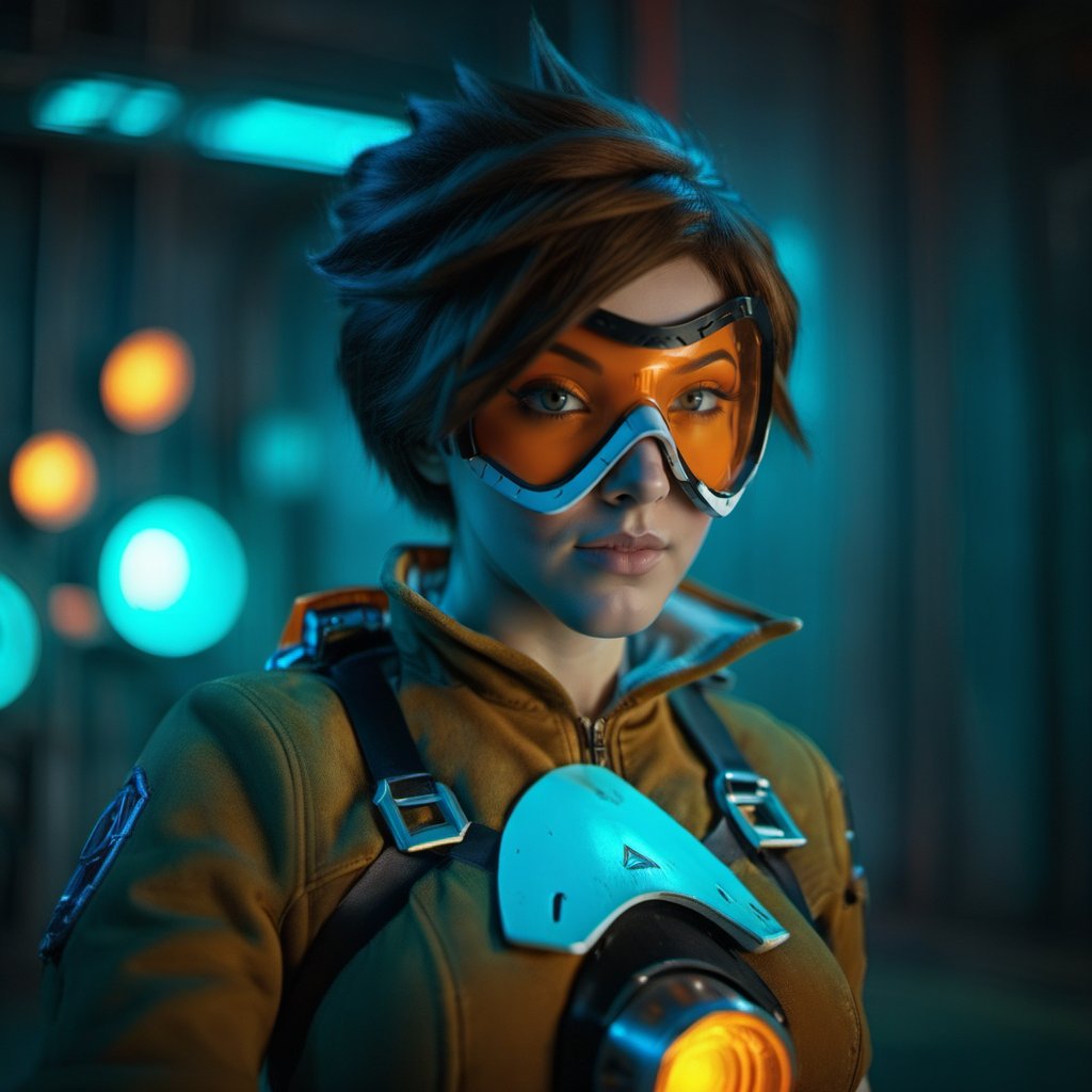 cinematic photo a woman with an orange glassmask in a futuristic cyberpunk background, neon lights <lora:Tracer1024:0.8> . 35mm photograph, film, bokeh, professional, 4k, highly detailed