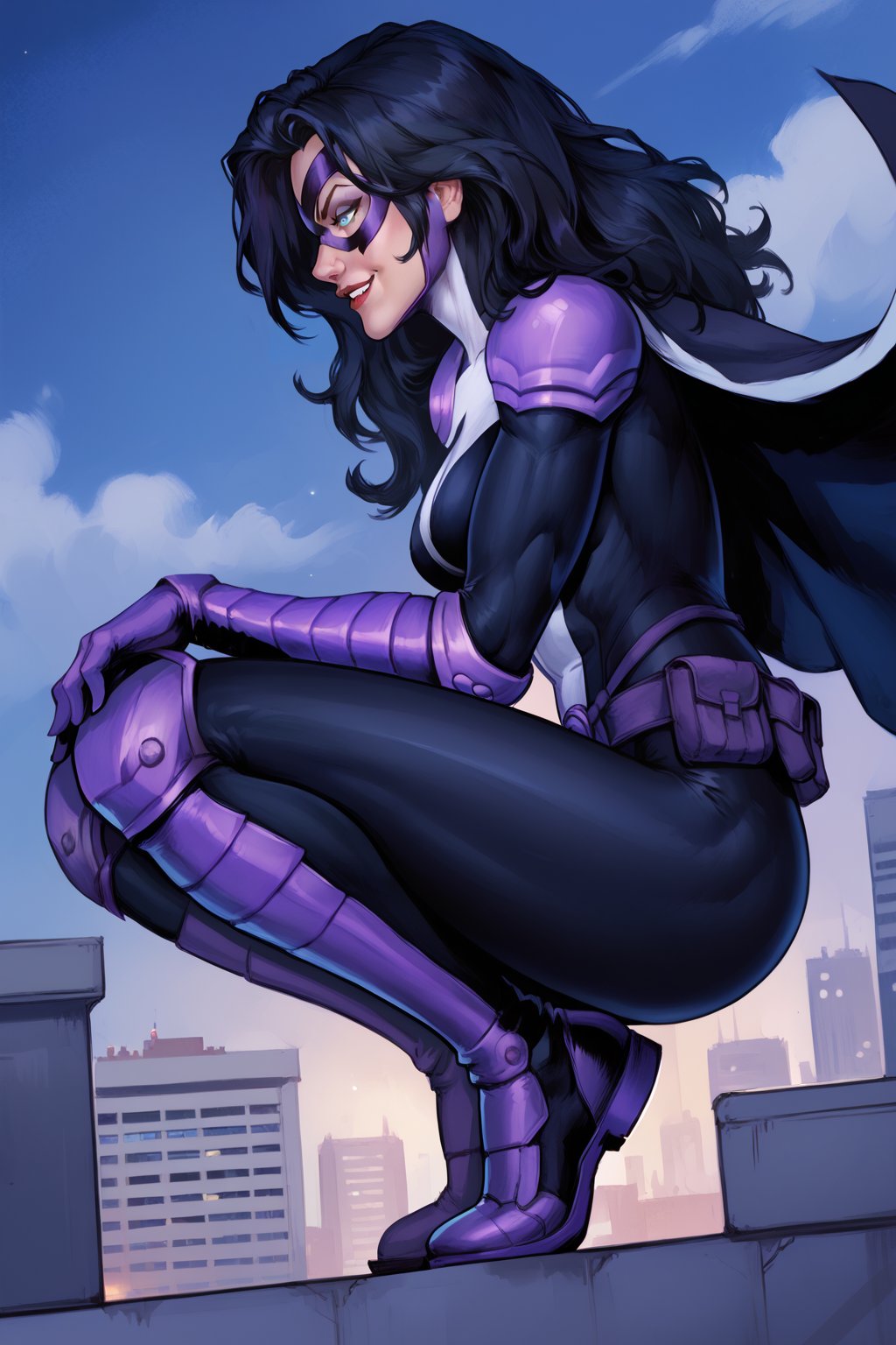 score_9, score_8_up, score_7_up, masterpiece, high quality, BREAK <lora:Dc HuntressPonyLoRA:0.8>hntress, long hair, domino mask, shoulder armor, cape, bodysuit, gloves, utility belt, knee pads, smile, squatting, view from side, superhero pose,, on a rooftop, city scape, at night