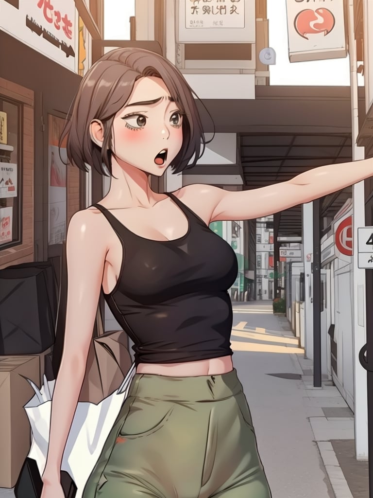 1girl,Mimicking shooting an arrow,Paperbag waist pants, tank top, and mules.,