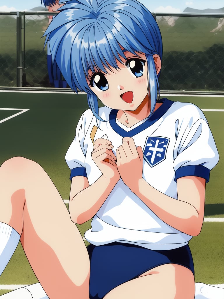 <lora:Nijino_Saki:0.8>NNijinoSaki, buruma, sitting, gym uniform, open mouth, blue buruma, cross, retro artstyle, 1girl, first aid kit, short sleeves, multiple girls, solo, feet out of frame, smile, solo focus,masterpiece, high quality, very_high_resolution, large_filesize, full color,