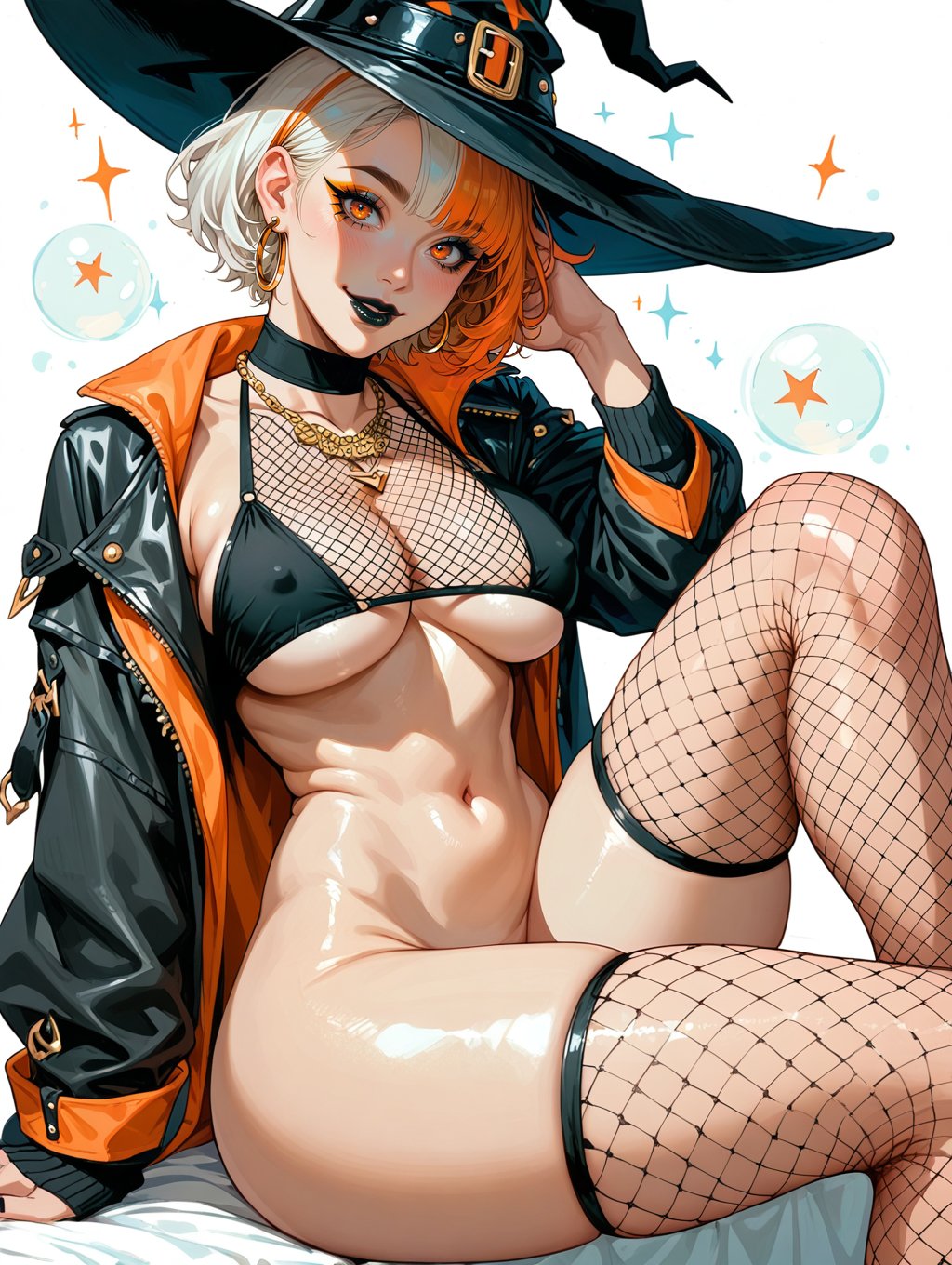 score_9, score_8_up, score_7_up,rating_explicit,1girl, (sexy 25 yo, cute), face focus, perfect eyes, magic, witch hat, orange eyes, orange hair, white hair, two tone hair, short hair, black lipstick, ((naked in jacket, covered nipples, cleavage, underboob, innerboob)), thick thighs, long legs, sitting, crossed legs, not satisfied, gold necklace, hoop earrings, seductive smile, eyeliner, eyeshadow, navel, perfect body, fishnet stockings, fishnet top, close up, side view