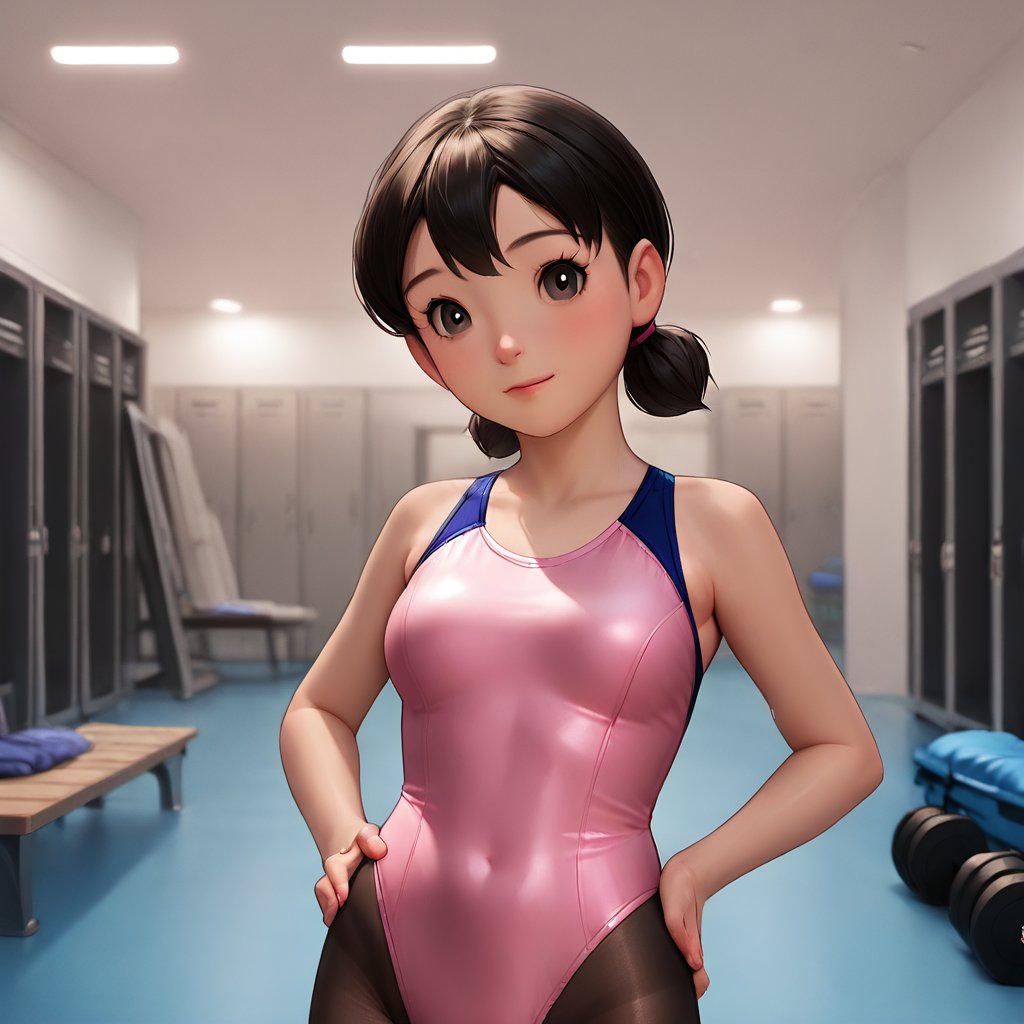 score_9, score_8_up, score_7_up, score_6_up, score_5_up, score_4_up, source_anime,minamoto shizuka,1girl, solo,  competition swimsuit, black pantyhose, looking at viewer, upper body, hands on hip), locker room, indoors,  masterpiece, perfect face,best quality, beautiful eyes, shiny eyes, anime coloring, anime screencap, absurdres, award winning<lora:minamoto shizuka duck 907:0.8>