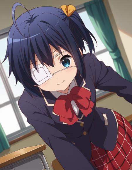 score_9, score_8_up, score_7_up, source_anime,rikkatakanashi, <lora:rikka-takanashi-s2-ponyxl-lora-nochekaiser:1>,rikka takanashi, short hair, blue eyes, black hair, ahoge, one side up, eyepatch, medical eyepatch,skirt, school uniform, jacket, plaid, kneehighs, plaid skirt, blazer, icho private high school uniform,indoors, classroom, bent over, smile,looking at viewer, cowboy shot, dutch angle, solo,