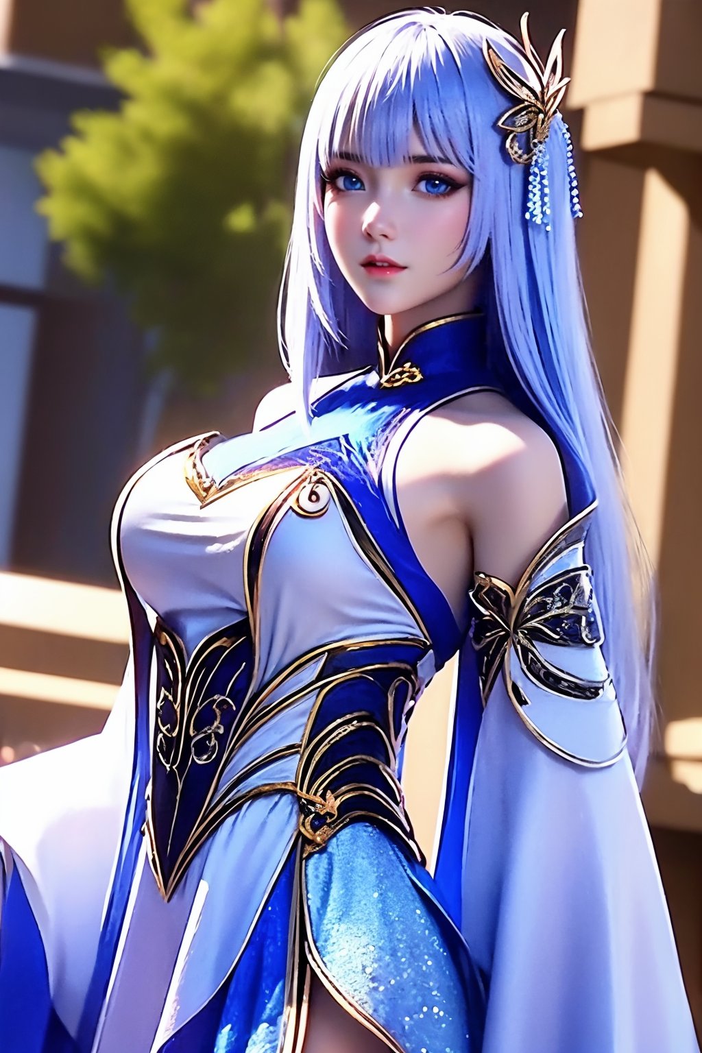 1girl, solo, long hair, blue eyes, hair ornament, detached sleeves, dress, blurry background, bare shoulders, blurry, looking at viewer, breasts, blunt bangs, white hair, butterfly hair ornament, white dress, upper body, closed mouth, lips, wide sleeves, blue dress, indoors, realistic, large breasts, medium breasts, grey hair, very long hair, skirt