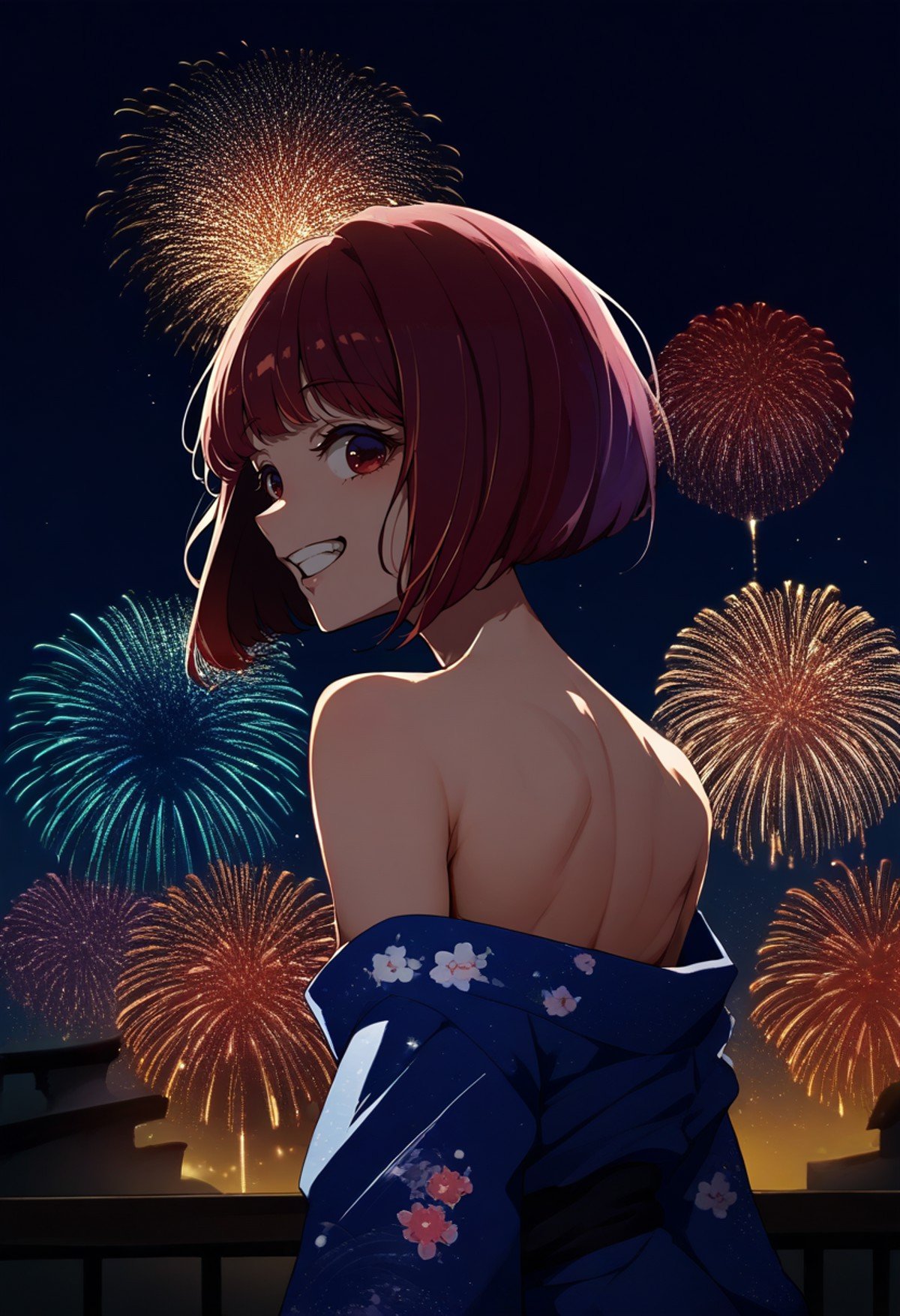 score_9, score_8_up, score_7_up, source_anime, from behind, solo, 1girl, kanarnd, happy, looking back, teeth, bob cut, inverted bob, blue kimono, floral print, off shoulder, bare shoulders, fireworks <lora:oshinoko_arima_ponyXL:1>