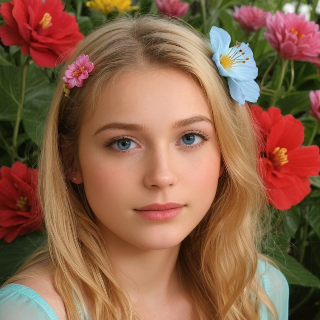 realistic, teen, girl,face, flowers in hair1girl,blonde hair,, cute,beautiful face<lora:EMS-427870-EMS:1.000000>