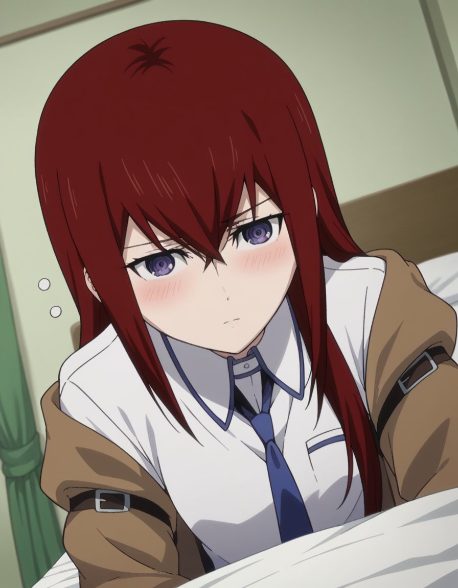 score_9, score_8_up, score_7_up, source_anime,kurisumakise, <lora:kurisu-makise-s1-ponyxl-lora-nochekaiser:1>,kurisu makise, hair between eyes, hair over shoulder, long hair, purple eyes, red hair, straight hair,black pantyhose, black shorts, brown coat, coat, collared shirt, long sleeves, necktie, pantyhose, pantyhose under shorts, shirt, short shorts, shorts, sleeves past wrists, white shirt, wing collar,indoors, bed, bed room, on side, blush, drunk,looking at viewer, cowboy shot, solo, dutch angle,