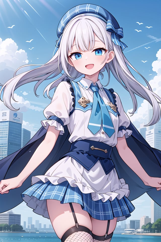 (cleavage:-1.5), insanely detailed, absurdres, ultra-highres, ultra-detailed, best quality,1girl, solo, nice hands, perfect hands,BREAK(gothic drress, Idol costume:1.3), (blue and white theme:1.2), (white blouse:1.4), (white collar, tie:1.3), (open short-cape:1.3), (short sleeve:1.2), (blue tartan-check pattern (ruffle-skirt, multilayer-skirt):1.4), (white basque-beret with ribbon:1.3), (Fishnet stockings:1.3), (glove:1.2), (cleavage:-1.5)BREAKhappy smile, laugh, open mouth,standing,own hands together,cowboy shot,BREAKslender, kawaii, perfect symmetrical face, ultra cute girl, ultra cute face, ultra detailed eyes, ultra detailed hair, ultra cute, ultra beautiful,BREAKcityscape in tokyo, ultra detailed background, blue sky, bay side, panorama view,medium breasts, white hair, blue eyes