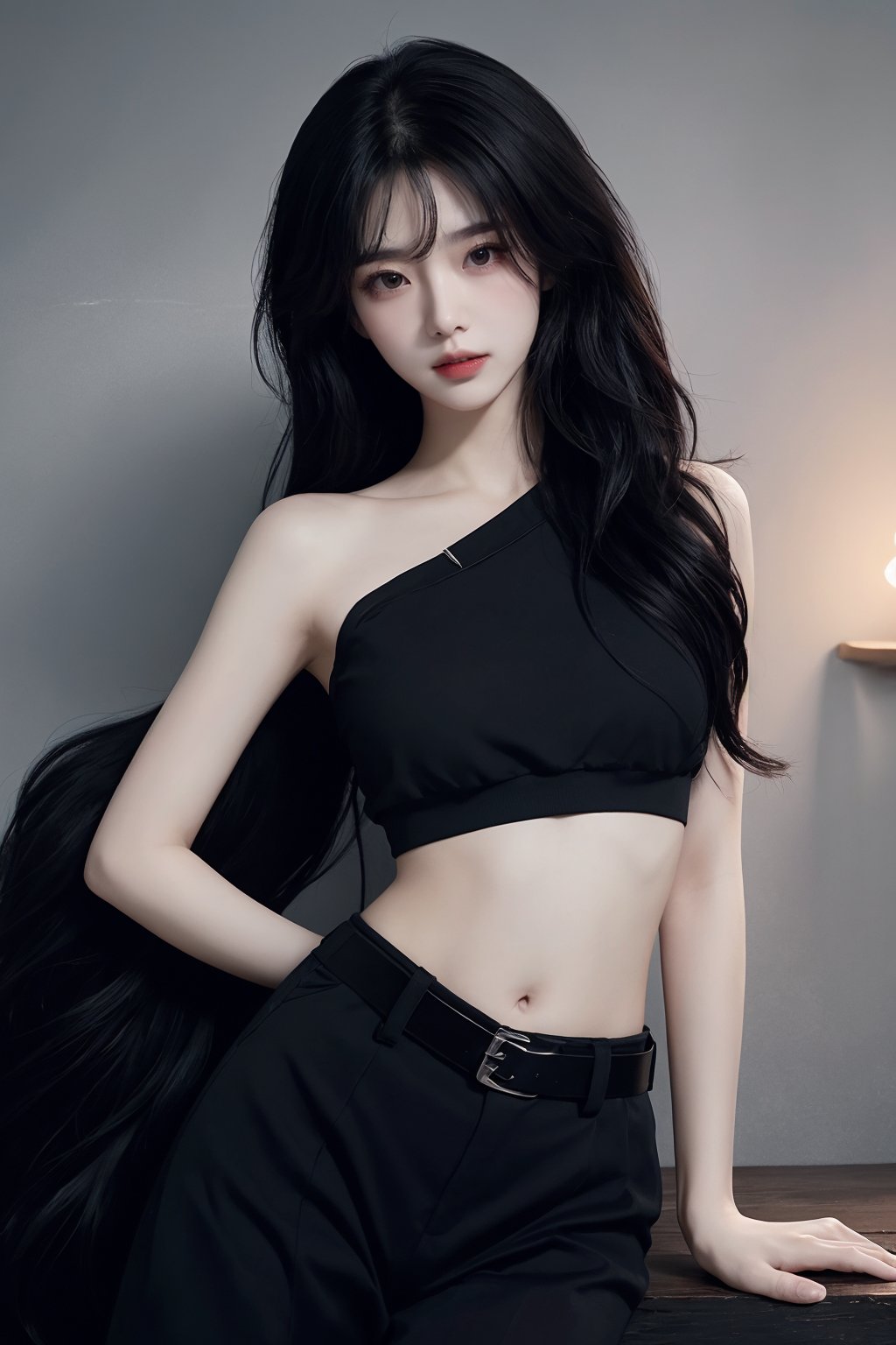 masterpiece, best quality, masterpiece,best quality,official art,extremely detailed CG unity 8k wallpaper,woman,photorealistic, masterpiece, realistic,araffed woman in black top and black pants posing for a picture, jiyun chae, wavy long - length black hair, shoulder-length black hair, lu ji, +81 magazine, wavy shoulder-length hair, kim hyun joo, physical : tinyest midriff ever, tinyest midriff ever, Wang Yuanqi, black wavy hair with bangs, long thin black hair, huge belt, female actress from korea, Du Qiong, Huang Ji, Qian Du, portrait of female korean idol, wavy long black hair, black long hair, shoulder length black hair, id magazine, Hu Zaobin, dilraba dilmurat, wavy black hair, black wavy hair, no logo, beautiful midriff, jia, Chen Jiru, gold belt, Luo Mu <lora:模特:0.8>