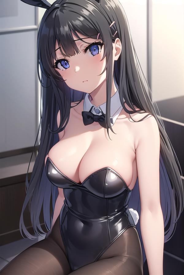 maisakurajima, <lora:mai sakurajima s1-lora-nochekaiser:1>, mai sakurajima, long hair, bangs, (black hair:1.5), hair ornament, (purple eyes:1.1), hairclip, rabbit hair ornament,BREAK bow, animal ears, cleavage, bare shoulders, pantyhose, bowtie, black footwear, rabbit ears, high heels, leotard, black pantyhose, strapless, black bow, detached collar, fake animal ears, playboy bunny, black leotard, strapless leotard, thighband pantyhose, black bowtie,BREAK indoors, library,BREAK looking at viewer, (cowboy shot:1.5),BREAK <lyco:GoodHands-beta2:1>, (masterpiece:1.2), best quality, high resolution, unity 8k wallpaper, (illustration:0.8), (beautiful detailed eyes:1.6), extremely detailed face, perfect lighting, extremely detailed CG, (perfect hands, perfect anatomy),