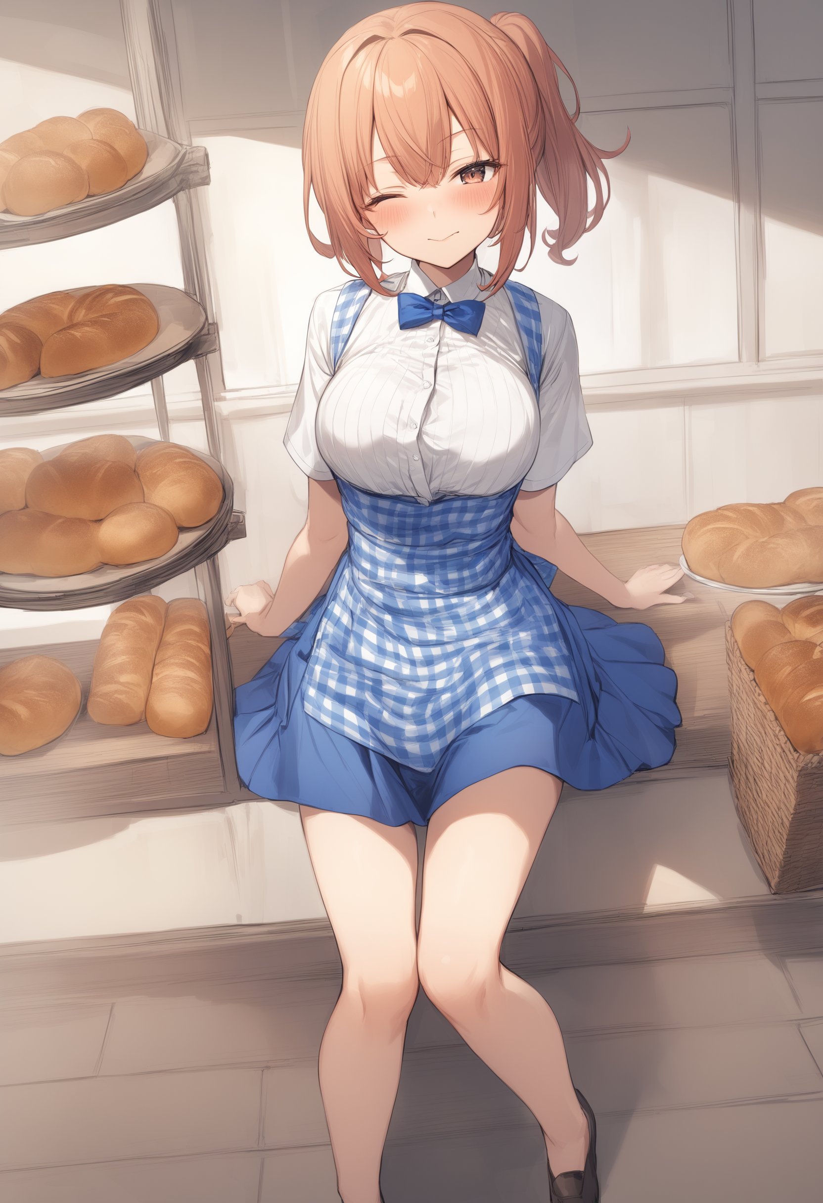 1girl, <lora:sdxl2-flat2-512b:-1>,medium breasts,<lora:kobeyaXLv1:0.8>,kobeya uniform,blue skirt, blue neckwear, gingham apron, Bakery,dutch angle, wide shot, looking at viewer, wince,  closed mouth,best quality,medium quality,