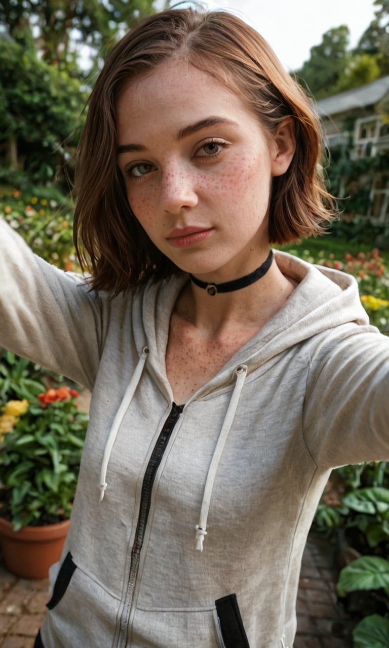 score_9, score_8_up, score_7_up, BREAK, rating_safe, woman, brown hair, detailed, sharp focus, flirtatious, seductive, choker, pleasant, seductive, freckles, 85 mm, hoodie, outdoor, garden, rare angle selfie, garden, nature, highly detailed, detailed skin, depth of field, film grain, highly detailed, detailed skin, depth of field, film grain