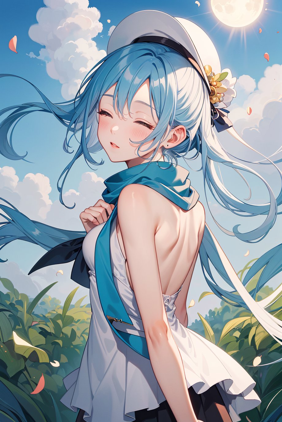 game cg,best quality,official art,(((light from the sky))),floating hair,light shines on hair,ultra-detailed,(((extremely detailed cg 8k wallpaper))),(crystalstexture skin:1.4),(extremely delicate and beautiful)jewelry,(white skin),looking_at_viewer,sky,cloud,outdoors,solo,hat,furry,grass,leaf,closed eyes,cloudy sky,petals,standing,scarf,Moon,at the bottom of the water,Bubble,miji,miku,hatsune miku,upper body (arms behind back), <lora:YG可爱动漫风格:0.75>,