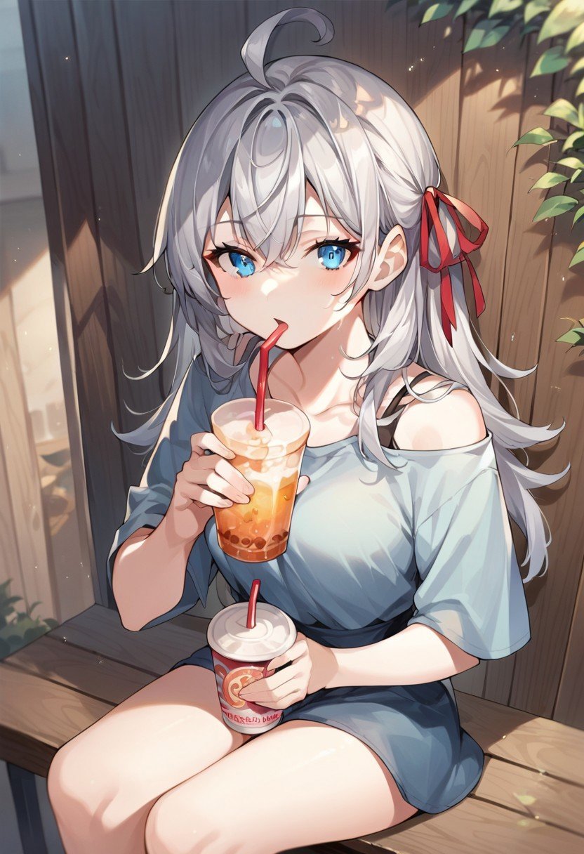 score_9, score_8_up, score_7_up, source_anime,alisa, blue eyes, long hair, grey hair, 1girl, drinking straw, solo, ahoge, food, cup, disposable cup, sitting, holding, open mouth, hair ribbon, shirt, hair between eyes, looking at viewer