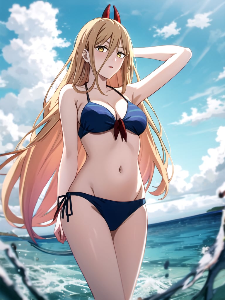 1girl, Power \(chainsaw man\), long hair, cloud, looking at viewer, demon horns, yellow eyes, blonde hair, anime coloring, red horns, large breasts, csm anime style, outdoors, sky, day, striped, cloud, water, arm up, blue sky, groin, side-tie bikini bottom, ocean,front-tie top, arm behind back, arm behind head, <lora:Power:1> <lora:csm_anime_style_offset:1>,((masterpiece))