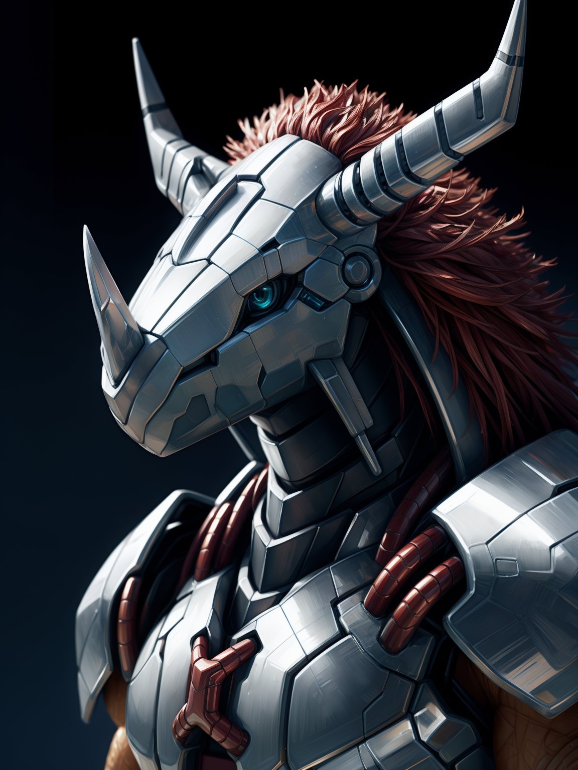 wargreymon, bust portrait, vibrant lighting, elegant, highly detailed, smooth, sharp focus, illustration, beautiful, geometric, trending on artstation, full body, cinematic, artwork by borovikovsky<lora:Wargreymon_mix_v1_12ep:1>