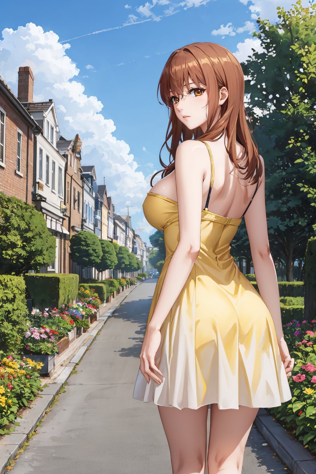 masterpiece, best quality, 1girl, <lora:mugenkurumi-nvwls-v1-000009:0.9> mugenkurumi, sleeveless, (yellow sundress:1.25), from behind, large breasts, garden, city, blue sky, clouds