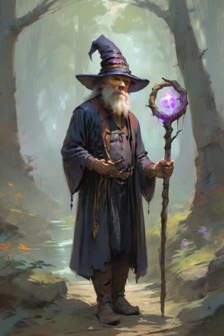 score_9, score_8_up, score_7_up, wizard, old, 1boy, old man, male focus, hat, beard, solo, staff, witch hat, facial hair, forest, nature, robe, long hair, looking at viewer, tree, holding, white hair, outdoors, holding staff, boots <lora:Digital Art Style SDXL_LoRA_Pony Diffusion V6 XL:1>