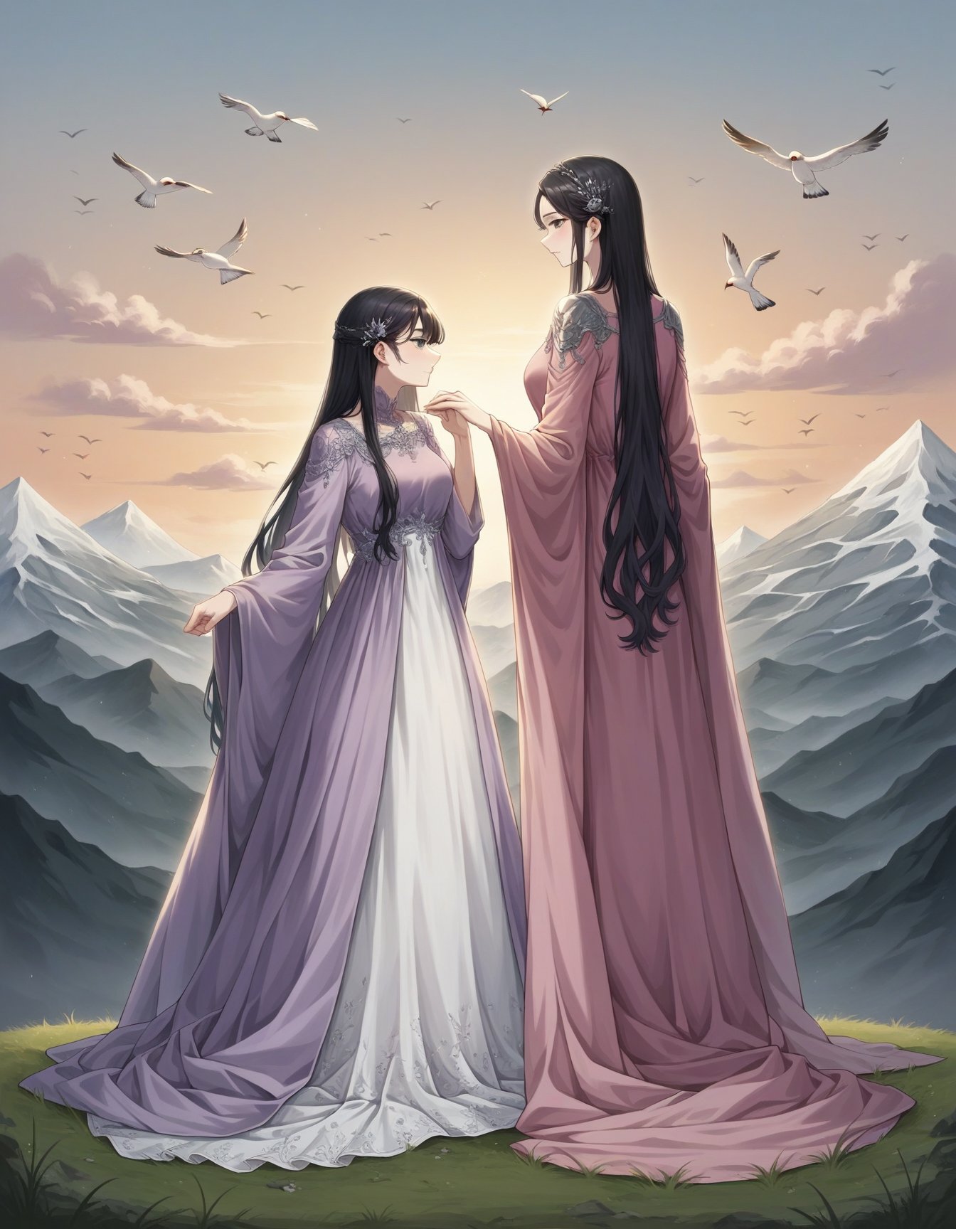 score_9, score_8_up, score_7_up, score_6_up, source_anime, romantic style (full body photo:1.3), adult woman, standing, HUD_spr_armr, hair decoration, long purple (chiffon dress), long sleeves, jewelry, intricate engraved metal neckpiece, shoulder piece, jeweled belt, breastplate, long sleeves, <lora:nature_princess_xlp:0.7>, (long black hair:1.1), 4k, sunset,mountain top, birds, crystal, 