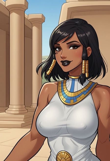 score_9, score_8_up, score_7_up, highly detailed, close up, portrait, depth of field, BREAK, solo, Pharah(Overwatch), black lipstick, thick lips, brown eyes, black eye shadow, black eyeliner, black hair, dark skin, smiling, BREAK, Egyptian clothing, outdoor, Egyptian temple, best quality, amazing quality, very aesthetic, absurdres,