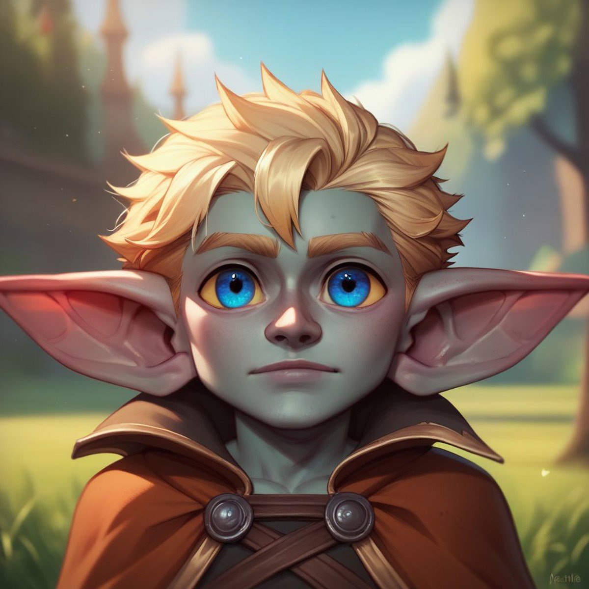 (((beautiful, high quality))), upper body, score_9, score_8_up, score_7_up, solo,looks at the viewer, Goblin, shortstack, short stature, pointed ears, big eyes, 1boy, male focus, blond hair, blue eyes, gray skin, fantasy cape, outdoor, fantasy background, nature, blurred background,