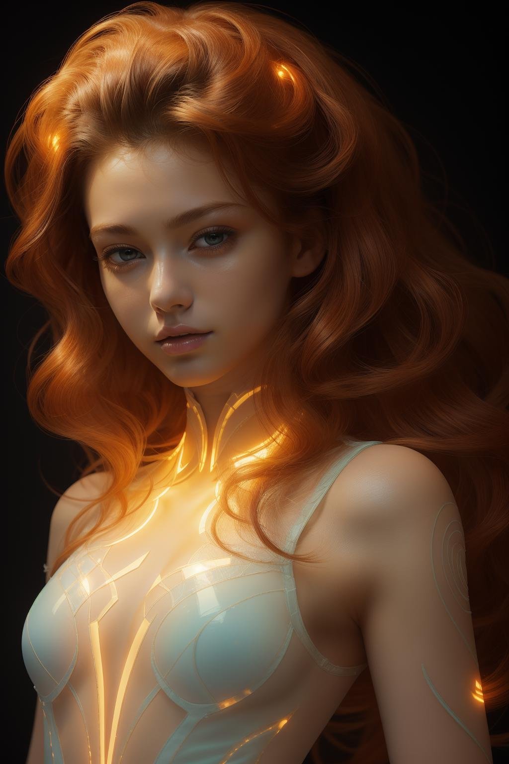 (masterpiece, top quality, best quality, official art, rich details),solo,upper body,a 20 yo woman in office suit,transparent hair,glowing body,inner luminous body,simple background,black background,look at viewer,long hair,orange hair,closed mouth,colored skin,eyelashes,<lora:luminous body:0.8>,