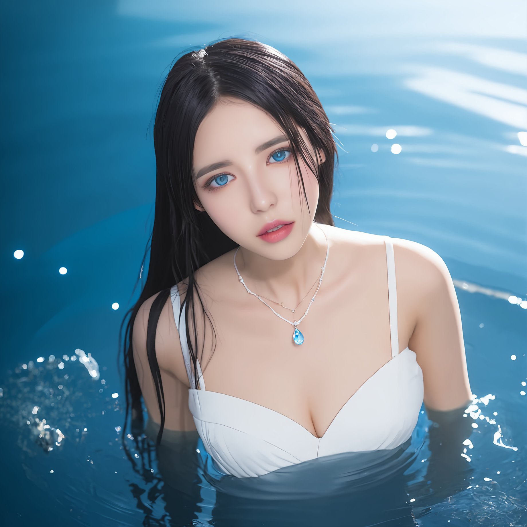 zero,Contact lenses,1girl,solo,black hair,realistic,long hair,necklace,blue eyes,jewelry,looking at viewer,dress,water,partially submerged,lips,white dress,open mouth,<lora:girl-000002:0.8>,highres,absurdres,